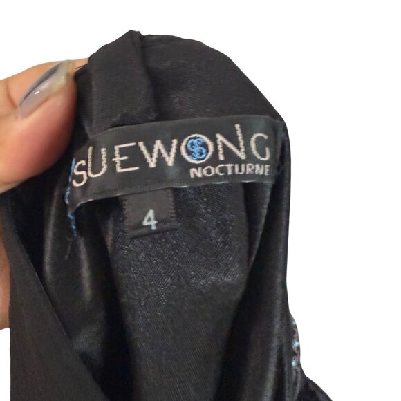 VTG Sue Wong Nocturne Y2K Black Silk Beaded Turquoise Halter Dress Womens 4 - Picture 2 of 8